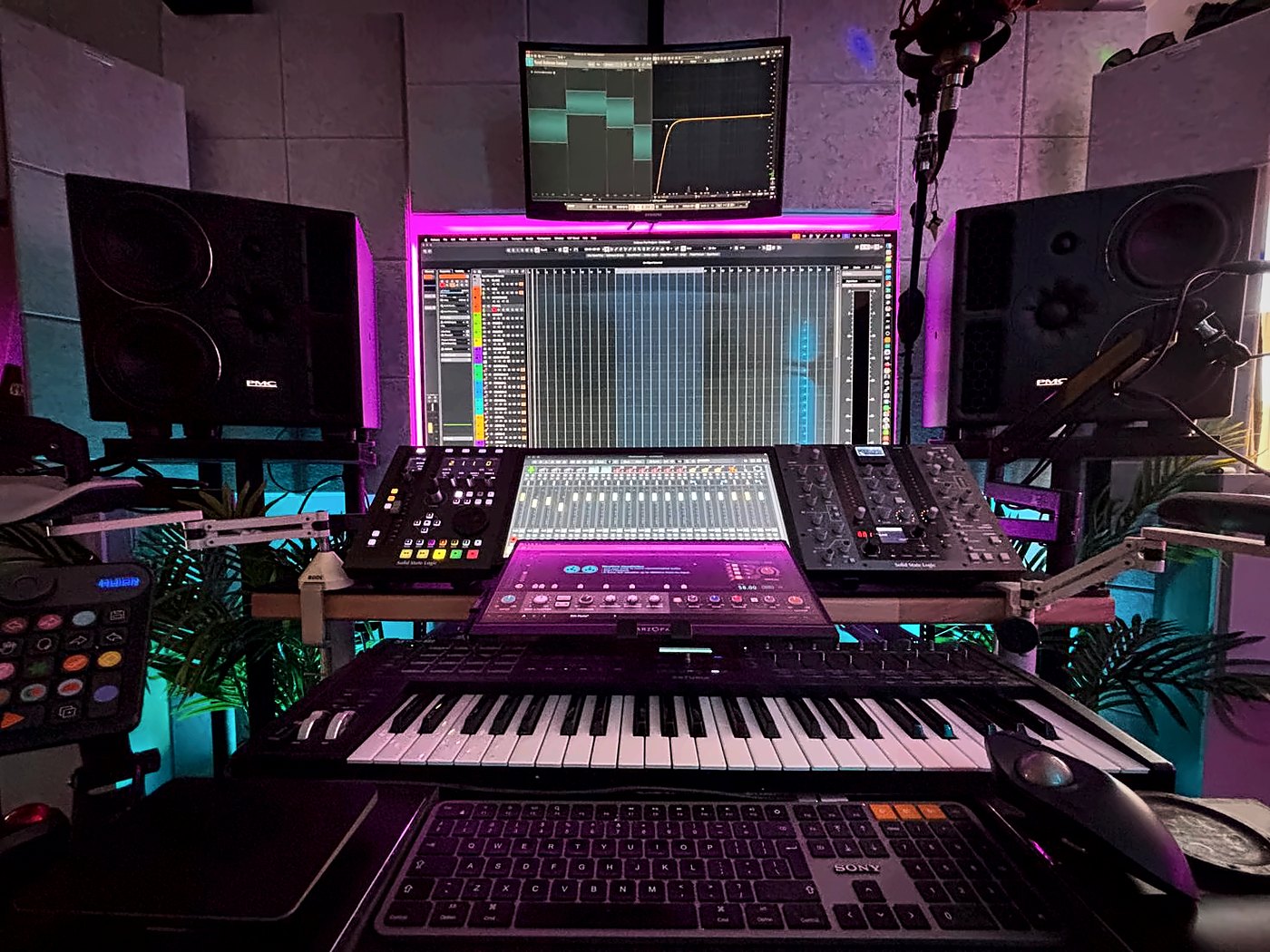 The Melody Matters production desk with PMC monitors and Solid State Logic controllers